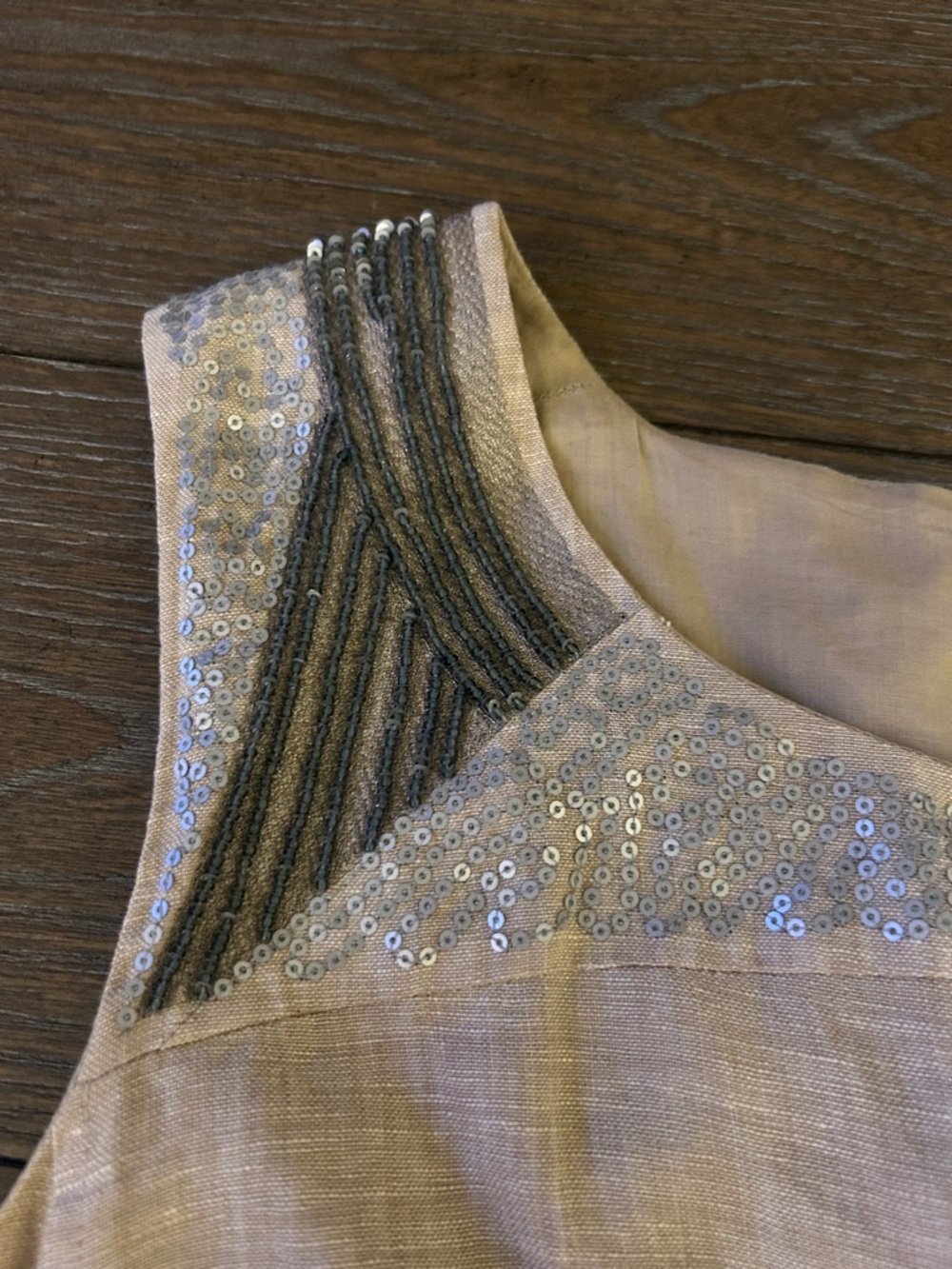 LOFT 100% Linen Cream Silver Sequin Gray Beaded Summer Classic Sheath Dress Sz 6 - Picture 6 of 6